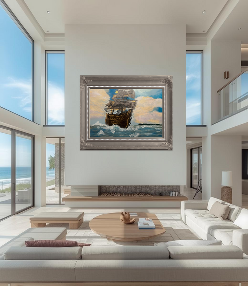 Original acrylic painting “Burn the Ships” by Air Kraehmer featuring a historic sailing ship moving through ocean waves beneath a luminous sky, symbolizing transformation and forward movement.