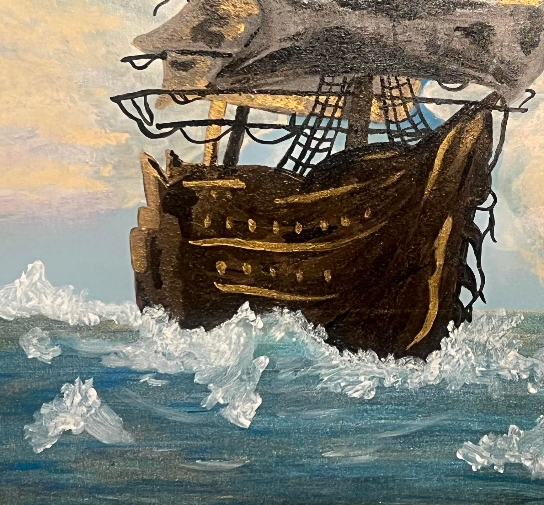Original acrylic painting “Burn the Ships” by Air Kraehmer featuring a historic sailing ship moving through ocean waves beneath a luminous sky, symbolizing transformation and forward movement.